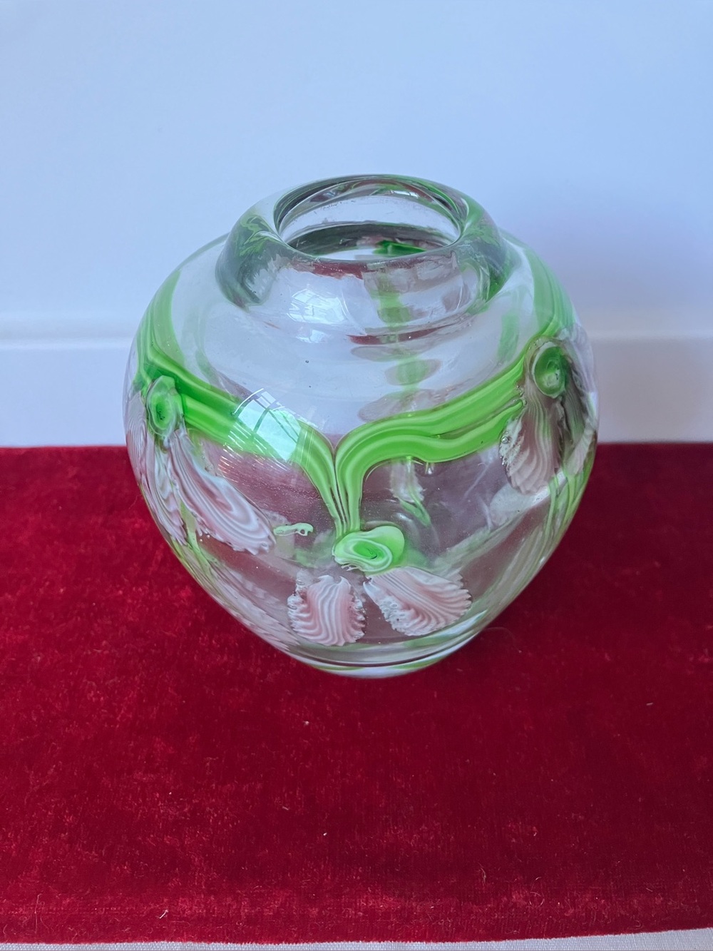 Art Glass Paperweight Vase Pink Orchid Floral Cased Blown Glass Lundberg Style.